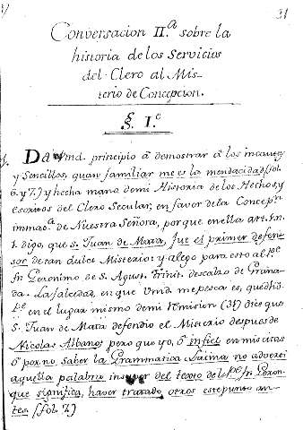 Conversacion IIª. sobre la historia de los servicios del clero al Misterio de Concepcion. Ss. Iº