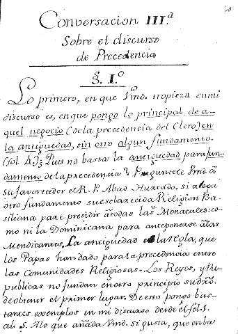 Conversacion IIIª. Sobre el discurso de Precedencia. Ss. Iº