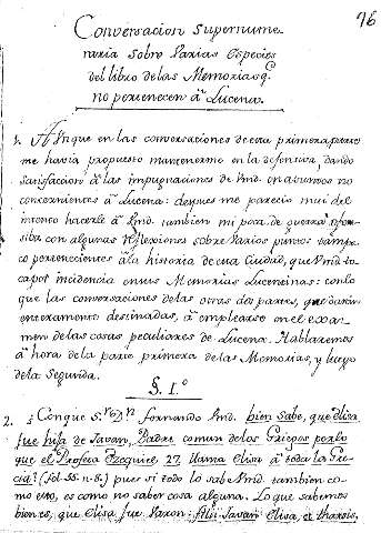 Conversaciones supernumeraria sobre varias especies del libro de las memorias q. no pertenecen a Lucena. SS. Iº