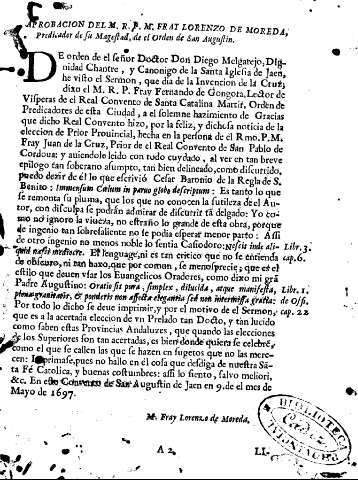 Aprobacion del M.R.P.M.Fray Lonrenzo de Moreda...