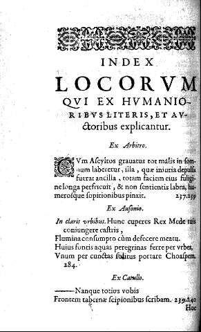 Index locorvm qvi ex hvmanioribvs literis, et avetoribus explicantur