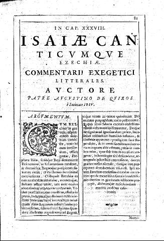 In Cap. XXXVIII Isaiae Canticvmqve Ezechiae. Commentarii exegetici litterales