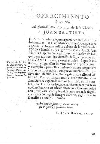 Ofrecimiento de este libro al gloriosissimo precursos de Jesu Christo S. Juan Bautista