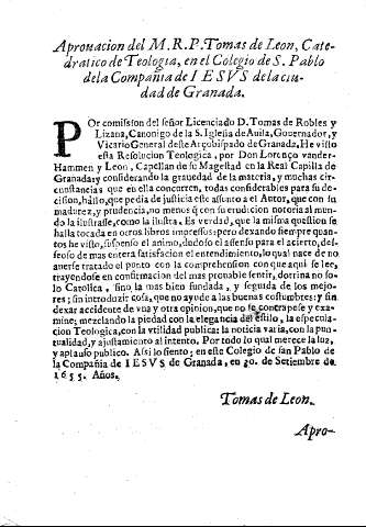 Aprouacion del M.R.P. Tomas de Leon, Catedratico de Teologia, en el Colegio de S. Pablo dela Compañia de esvs dela ciudad de Granada