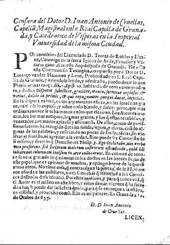 Censura del Dotor D. Iuan Antonio de Cruellas, Capella Magistral enla Real Capilla de Granada, y Catedratico de Visperas en la Imperial Vniversidad de la misma Ciudad