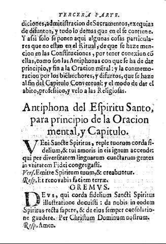 Antiphona del Espiritu Santo, para principio de la Oracion mental, y Capitulo