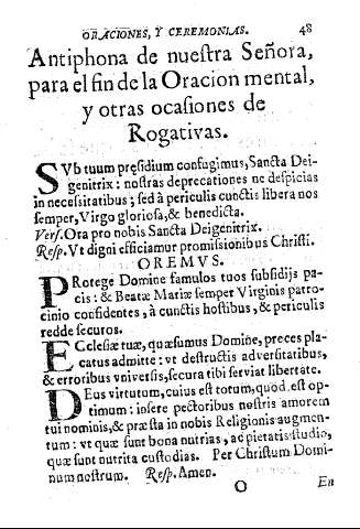 Antiphona de nuestra Señora, para el fin de la Oracion mental, y otras ocasiones de Rogativas