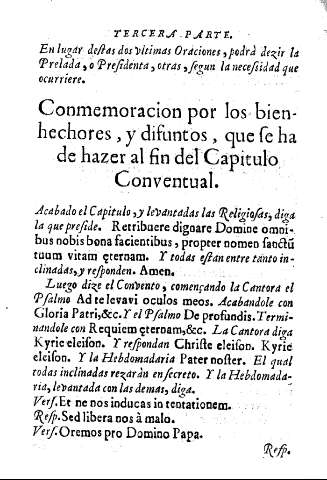 Conmemoracion por los bienhechores, y difuntos, que se ha de hazer al fin del Capitulo Conventual