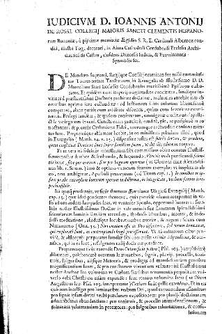 Iudicivm D. Ioannis Antonii de Rosal Collegii Maioris Sancti Clementis Hispanorum Bononiae, à pijssimae memoriae Aegidio S.R.E. Cardinali Albornoz conditi, illustri Toga decorati