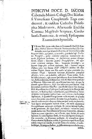 Ivdicivm Doct. D. Iacobi Cabezudo Maioris Collegij Divi Ildefonsi Vniversitatis Complutensis Toga condecorati