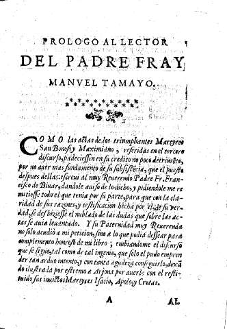Prologo al lector del Padre Fray Manvel Tamayo