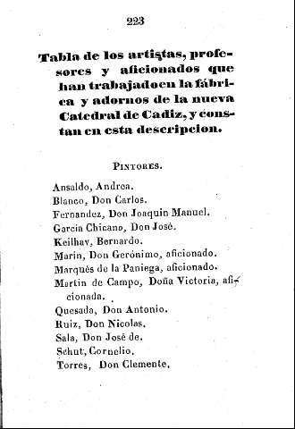 Tabla de los artistas, profesores y aficionados que han trabajado en la fábrica y adornos de la nueva Catedral de Cádiz, y constan en esta descripción