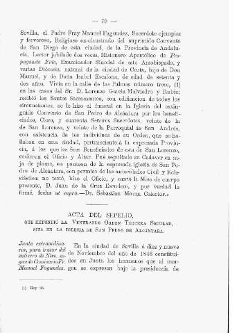 Acta del sepelio, que extendió la Venerable Orden Tercera Secular, sita en la Iglesia de San Pedro de Alcántara
