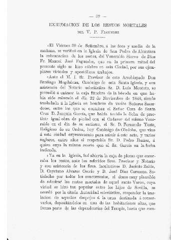 Exhumacion de los restos mortales del V. P. Fagundez