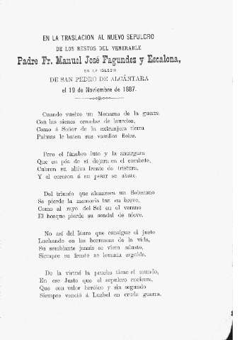 En la traslacion al nuevo sepulcro de los restos del venerable Padre Fr. Manue José Fagundez y Escalona, en la Iglesia de San Pedro de Alcántara el 19 de Noviembre de 1887