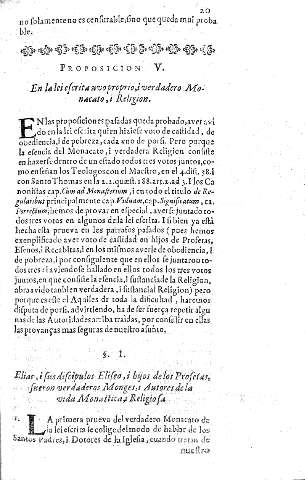 Proposicion V. En la lei uvo propio,i verdadero Monacato, i Religion