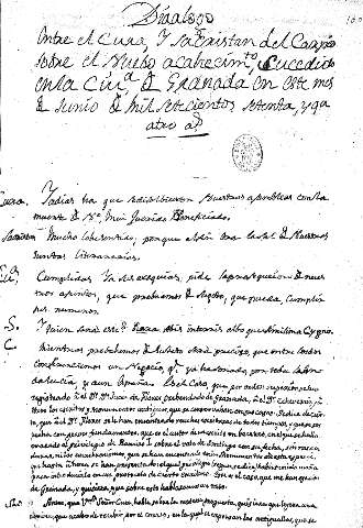 Dialogo entre el cura, y sacristan del Carpio sobre el nuebo acahecímto., sucedido enla cura, de Granada en este mes de junio de milsetecientos sesenta, y que atro as