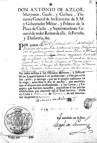 Don Antonio de Azlor, Matymon, Guaso, y Corbera, Theniente General de los Exercitos de S. M. y Gobernador Militar ...