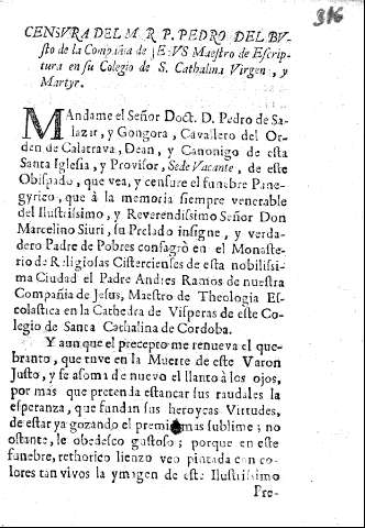 Censura del M.R.P. Pedro del Busto de la Compañia de Jesus Maestro de Escriptura en su Colegio de S. Cathalina Virgen, y Martyr.