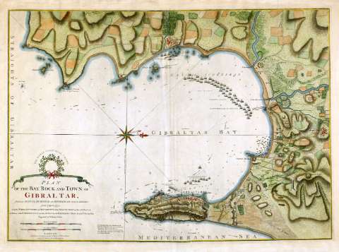 Plan of tha bay, rock and town of Gibraltar, from an actual survey by an Officer who was a Gibraltar from 1769 to 1775: with the works, batteries and incampament of the Spanish Army...