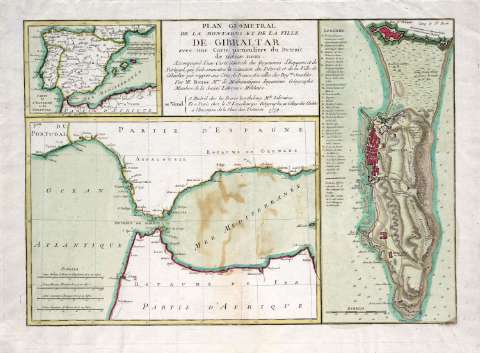 Plan géometral de la montagne et de la ville de Gibraltar avec une carte particuliere du detroit de même nom: acompagné d'une carte générale des royaumes d'Espagne et de Portugal...