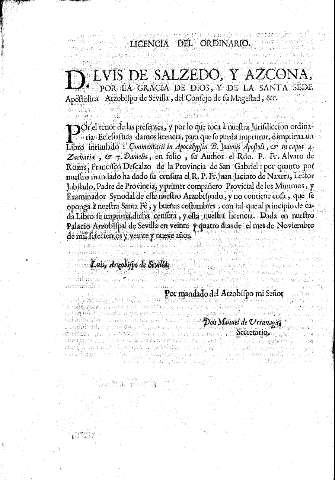 Licencia del Ordinario D. Lvis de Salzedo, y Azcona