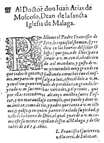 Al Doctor don Iuan Arias de Moscoso, Dean de la Sancta Iglesia de Malaga