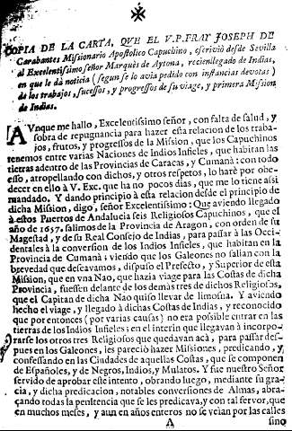 Copia de la carte, qve el V.P. Fray Joseph de Carabantes Missionario Apostolico Capuchino ...