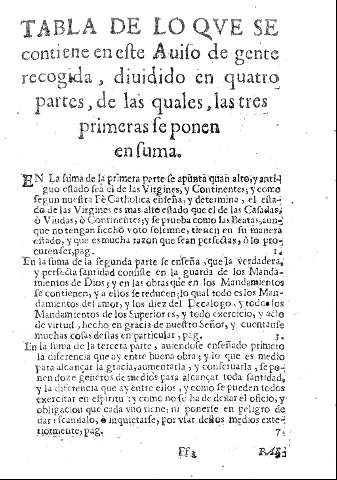 Tabla de lo qve se contiene en este Auiso de gente recogida, diuidido en quatro partes, de las quales, las tres primeras se ponen en suma