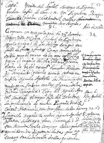 Capit. Venida del Apostol santiago aEspaña predica lafeé de Chro. S.n. en Egabra prinçipio dela Iglesia Chathredral enellas terminos desu obispados