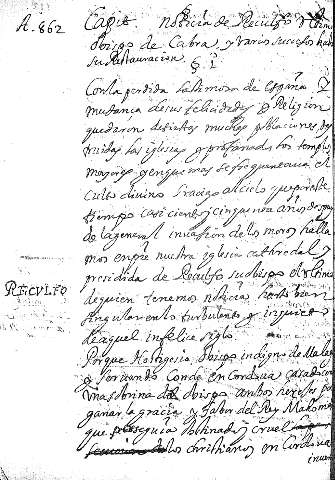 Capit. Noticia de Reculso y como obispo de Cabra y varios succesos hasta su restauracion 