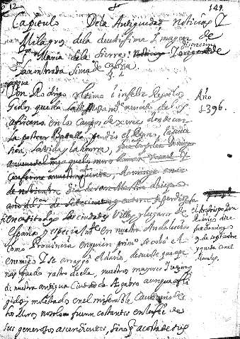 Capitulo. Dela Antiguedad noticias y milagros dela decetisima imagen de la Maria de la Sierra y discrecion lanonbrada sima de Cabra