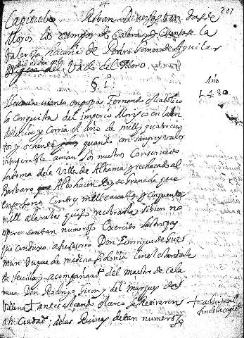 Capitulo. Roban diuersas bandas de moros los campos de Cabra y cuentase la valerosa haçaña de Pedro Gomez de Aguilar quediô nombre con el vado del moro