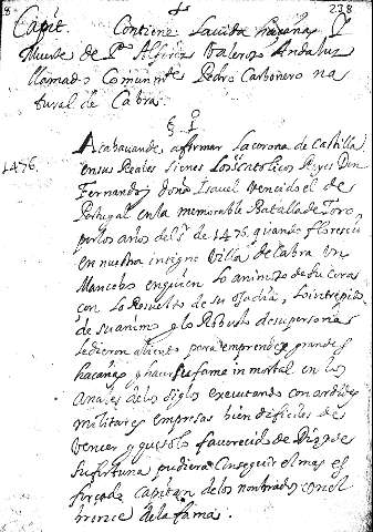 Capit. Contiene lauida haçañas y muerte de los Alferez valeroso Andaluz llamado comunmte Pedro Carbonero natural de Cabra