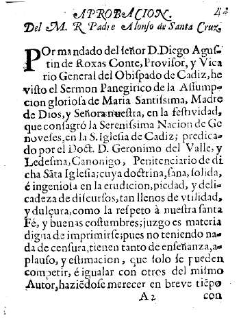 Aprobacion del M. R. Padre Alonso de Santa Cruz