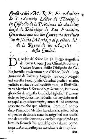 Censura del M.R.P.Fr. Andres de S. Antonio Lector de Theologia, ex Custodio de la Provincia de Andaluzia  ...