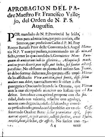 Aprobacion del padre maestro Fr. Francisco Vallejo, del Orden de N. P. S. Augustin