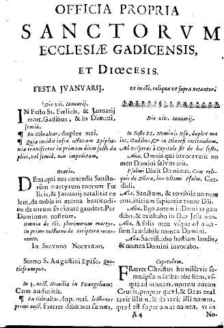 Officia propria sanctorvm ecclesiae gadicensis, et dioecesis. Festa Jvanvarij