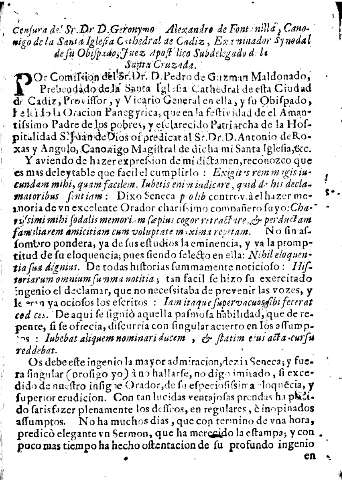 Censura del Sr. Dr. D. Gregorio Alexandro de Fontanilla, Canonigo de la Santa Iglesia Cathedral de Cadiz, Examinador Synodal de su Obispado, Juez Apostolico Subdelegado a la Santa Cruzada