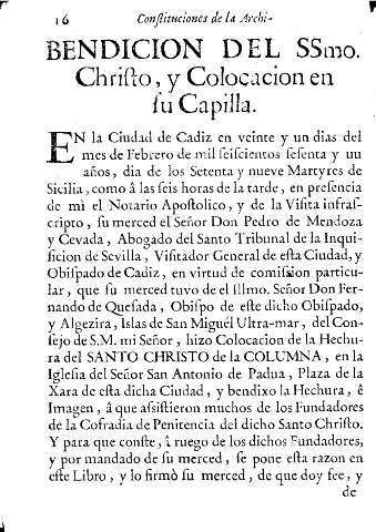 Bendicion del SSmo. Christo, y colocacion en su capilla