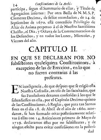 Capitulo II. En que se declaran por no subsistentes qualesquiera Constituciones, à excepcion de las de Ereccion, en lo que no fueren contrarias á las presentes