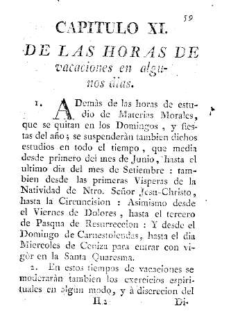 Capitulo XI. De las horas de vacaciones en algunos dias