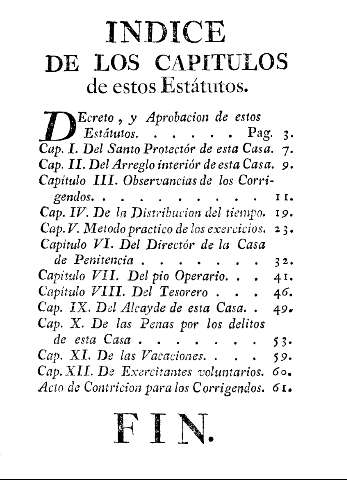 Indice de los capitulos de estos Estátutos