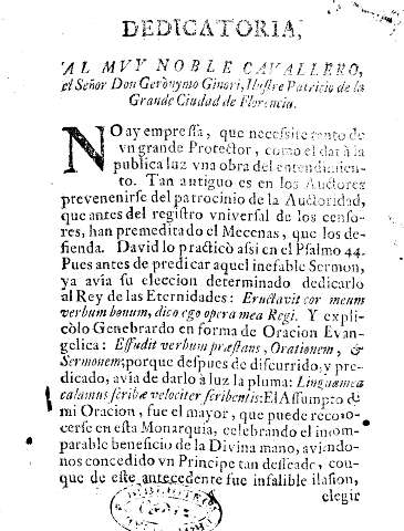 Dedicatoria al mvy noble cavallerno el Señor Don Gerònymo Ginori, Ilustre Patricio de la Grande Ciudad de Florencia