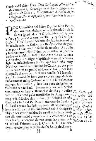 Censura del Señor Doct. Don Gerònymo Alexandro de Fontanilla, Canonigo de la Santa Iglesia Cathedral de Cadiz ...