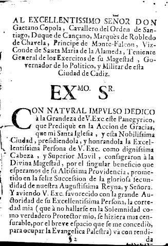 Al excellentissimo señor Don Gaetano Copola, Cavallero del Orden de Santiago, Duque de Cançao ...