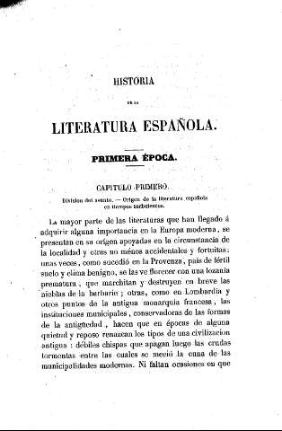 Historia de la Literatura Española. Primera Época. Capítulo Primero