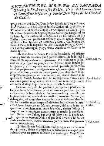 Dictamen del M.R.P.Pdo. en Ssagrada Theologia Fr. Francisco Rubin, Prior del Convento de el Santissimo Rosario, y Santo Domingo, de la Ciudad de Cadiz