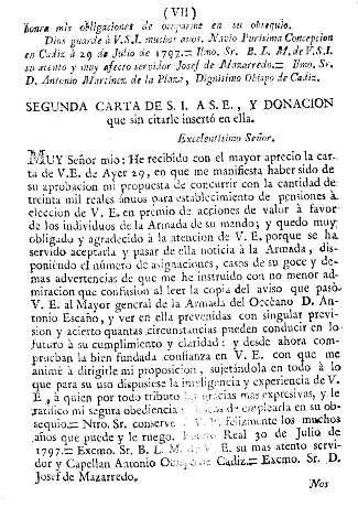 Segunda carta de S. I. As.E., y donacion que sin citarle insertó en ella.
