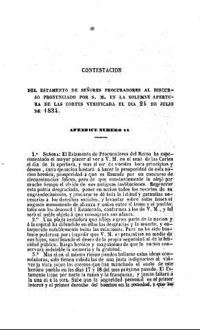Contestacion del estamento de señores procuradores al discurso pronunciado por S.M. en la solemne apertura de las cortes verifica el dia 24 de julio de 1834